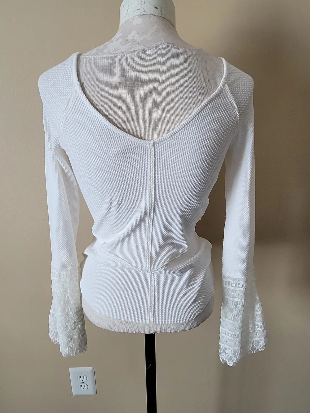 Free People White Scoop Neck Knit Tunic with Lace Bell Sleeves Size M